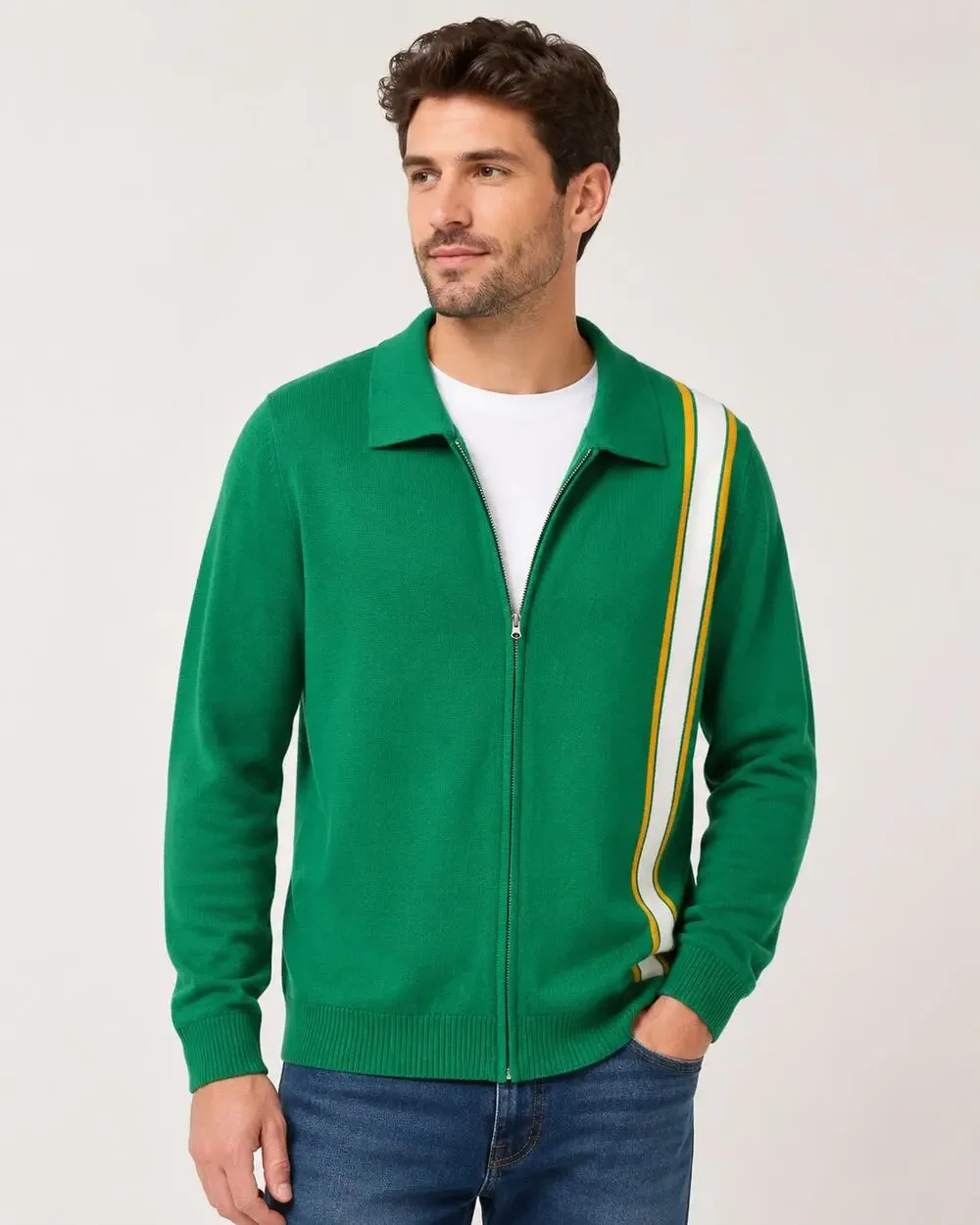 OXKNIT Green 60s Mod Racing Stripe Zip Cardigan Men’s L NWT